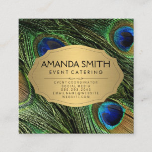 Elegant Peacock Feathers Faux Metallic Gold Square Business Card