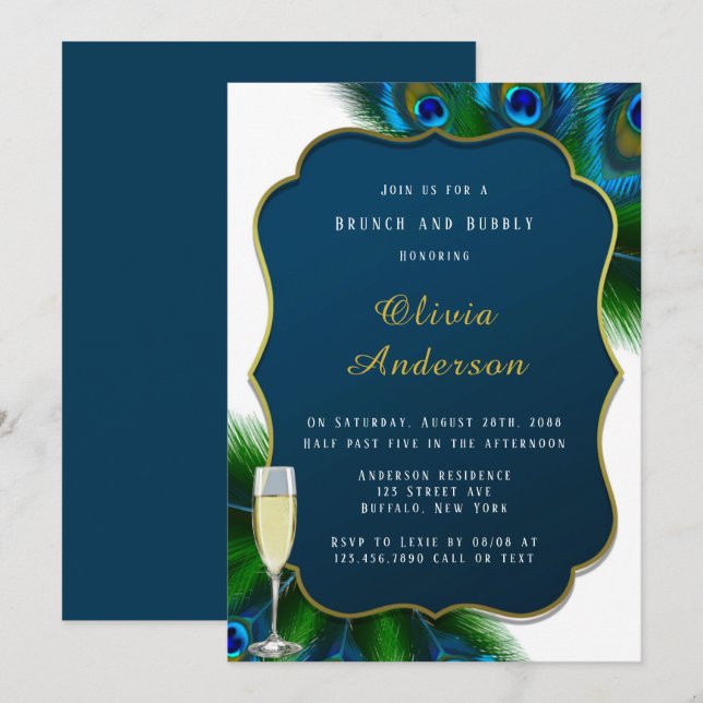 Elegant Peacock Feathers Gold Brunch & Bubbly Invitation (Front/Back)