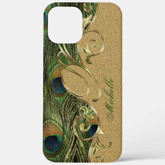 Elegant Peacock Feathers Golden Monogram Case-Mate iPhone Case (Back)