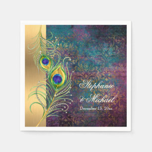 Elegant Peacock Feathers Jewel Scrolls Wedding Napkin