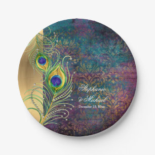 Elegant Peacock Feathers Jewel Scrollwork Wedding Paper Plate