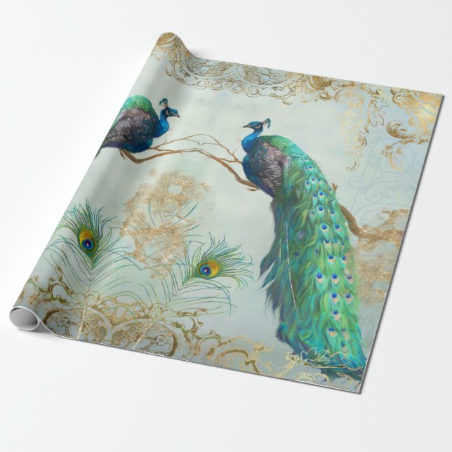 Elegant Peacock Feathers Pair Blue Gold Decoupage Wrapping Paper (Unrolled)