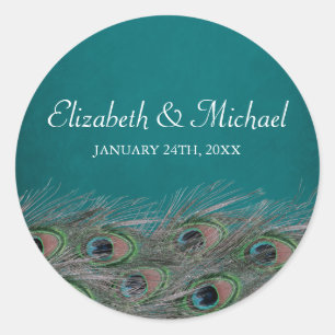 Elegant Peacock Feathers Round Wedding Favour Labe Classic Round Sticker