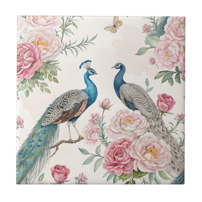 Elegant Peacock Floral Vintage (1) Tile (Front)