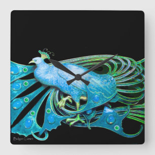 ELEGANT PEACOCK IN AQUA BLUE ,TEAL AND BLACK SQUARE WALL CLOCK