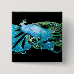 ELEGANT PEACOCK IN AQUA BLUE TEAL GREEN,BLACK 2 INCH SQUARE BUTTON