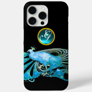 ELEGANT PEACOCK IN BLUE , AQUAMARINE MONOGRAM iPhone 15 PRO MAX CASE