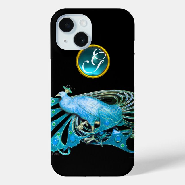 ELEGANT PEACOCK IN BLUE , AQUAMARINE MONOGRAM Case-Mate iPhone CASE (Back)