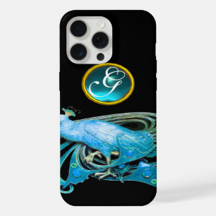 ELEGANT PEACOCK IN BLUE , AQUAMARINE MONOGRAM iPhone 15 PRO MAX CASE