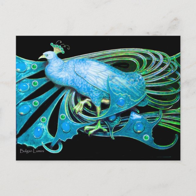 ELEGANT PEACOCK IN BLUE BLACK TEAL POSTCARD (Front)