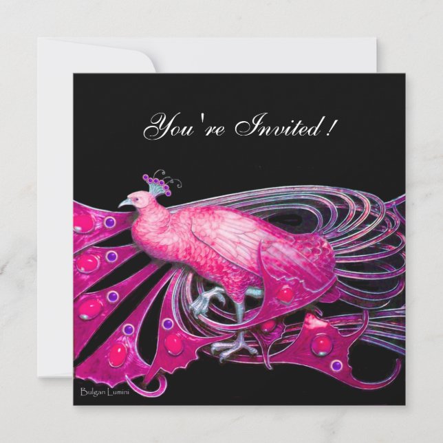 ELEGANT PEACOCK IN FUCHSIA ,PINK AND BLACK INVITATION (Front)