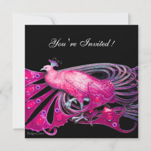 ELEGANT PEACOCK IN FUCHSIA ,PINK AND BLACK INVITATION