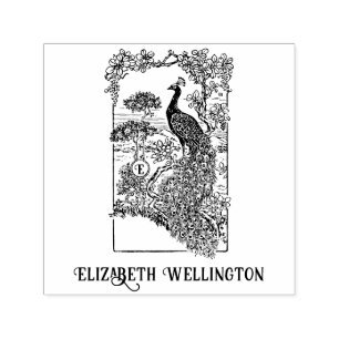 Elegant Peacock in Garden Name Initial  Self-inking Stamp