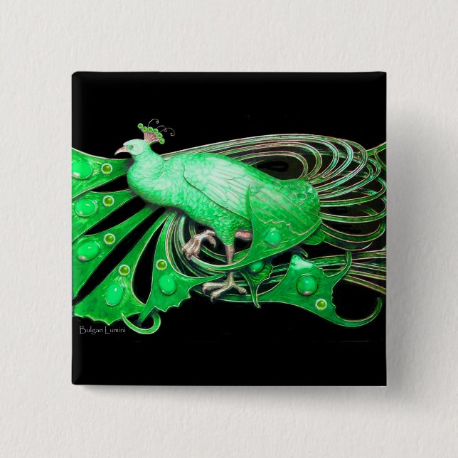 ELEGANT PEACOCK IN GREEN,BLACK 2 INCH SQUARE BUTTON (Front)