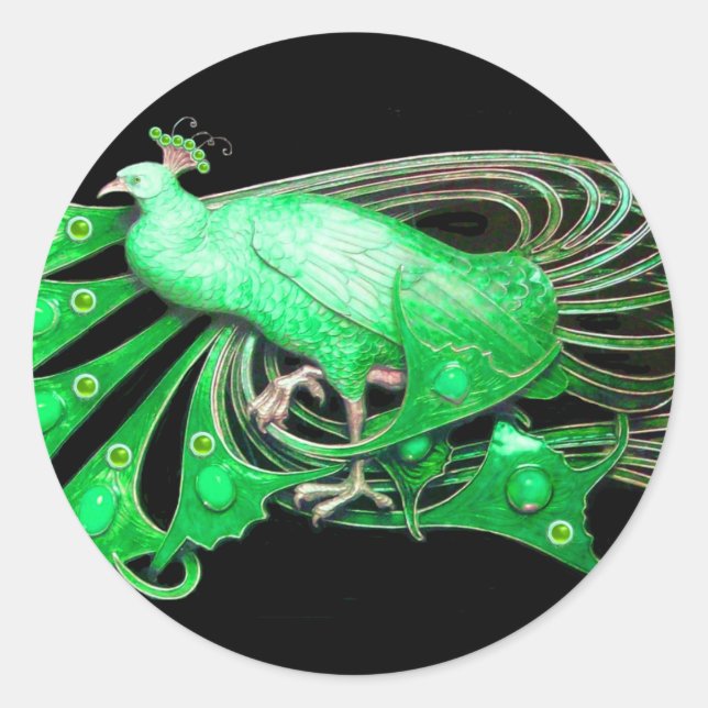 ELEGANT PEACOCK IN GREEN,BLACK CLASSIC ROUND STICKER (Front)