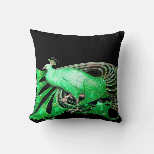 ELEGANT PEACOCK IN GREEN BLACK THROW PILLOW (Front)