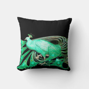 ELEGANT PEACOCK IN GREEN BLACK THROW PILLOW
