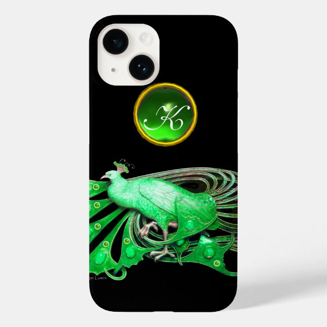 ELEGANT PEACOCK IN GREEN, EMERALD MONOGRAM Case-Mate iPhone CASE (Back)