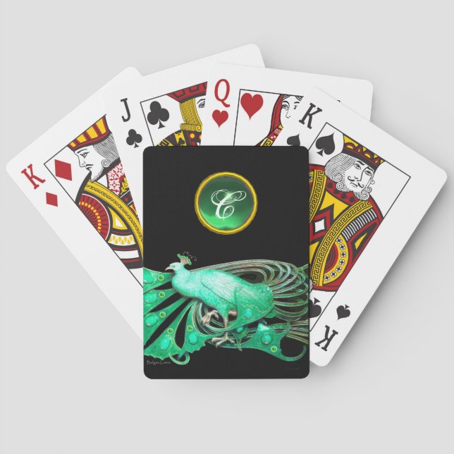 ELEGANT PEACOCK IN GREEN JADE MONOGRAM PLAYING CARDS (Back)