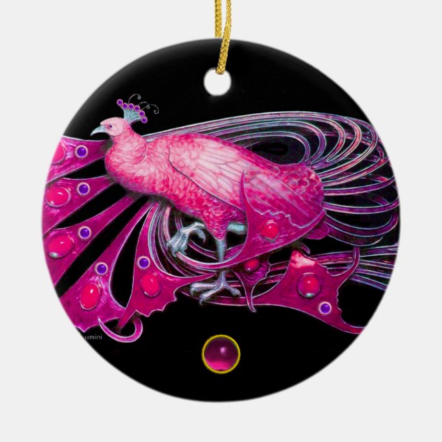 ELEGANT PEACOCK IN PINK, FUCHSIA  AMETHYST CERAMIC ORNAMENT (Front)