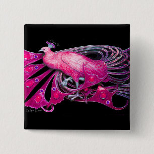 ELEGANT PEACOCK IN PINK,FUCHSIA ,BLACK 2 INCH SQUARE BUTTON