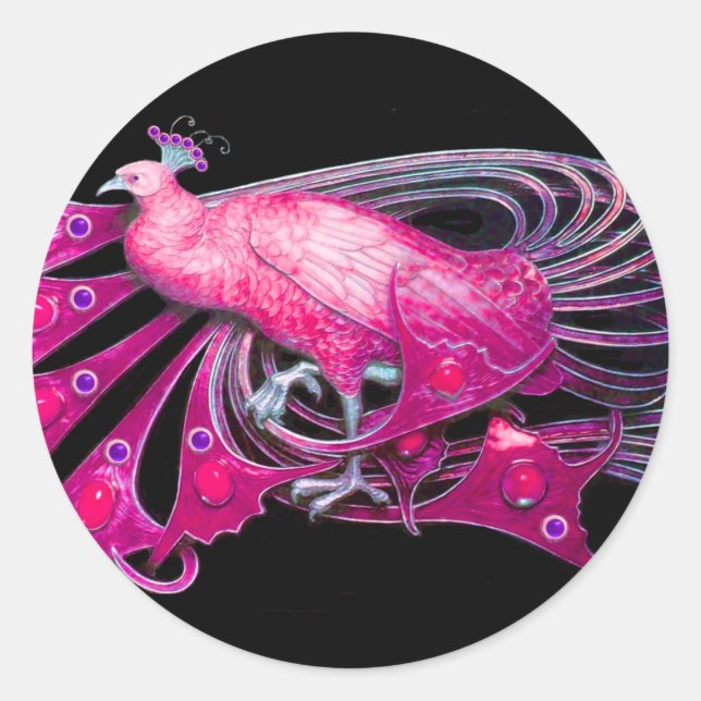ELEGANT PEACOCK IN PINK,FUCHSIA ,BLACK CLASSIC ROUND STICKER (Front)