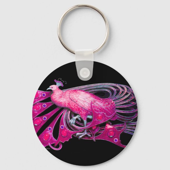 ELEGANT PEACOCK IN PINK,FUCHSIA ,BLACK KEYCHAIN (Front)