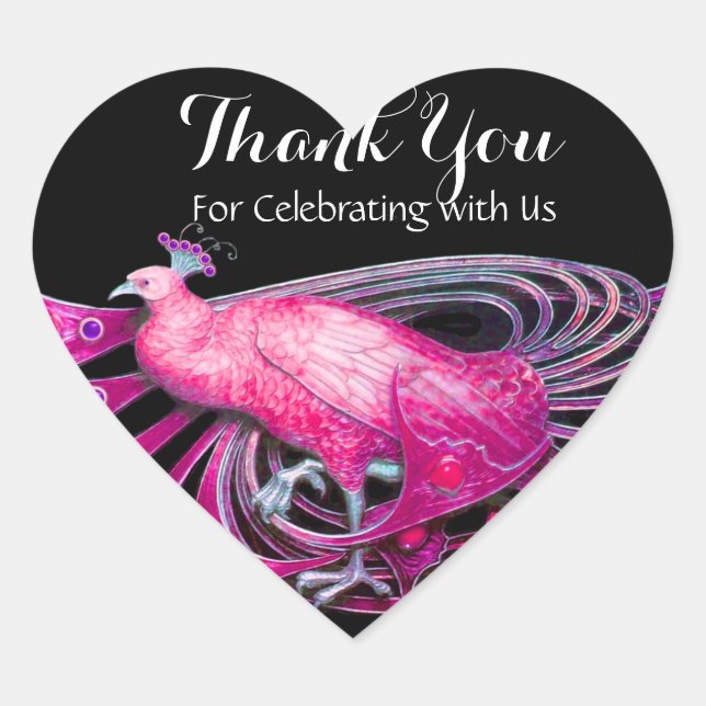ELEGANT PEACOCK IN PINK,FUCHSIA ,BLACK Thank You Heart Sticker (Front)