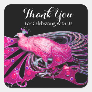 ELEGANT PEACOCK IN PINK,FUCHSIA ,BLACK Thank You Square Sticker