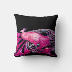 ELEGANT PEACOCK IN PINK FUCHSIA BLACK THROW PILLOW