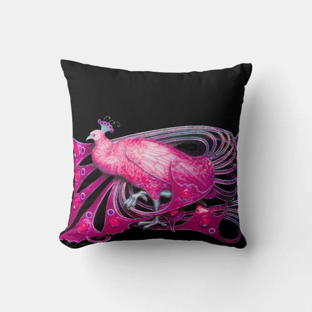 ELEGANT PEACOCK IN PINK FUCHSIA BLACK THROW PILLOW (Front)