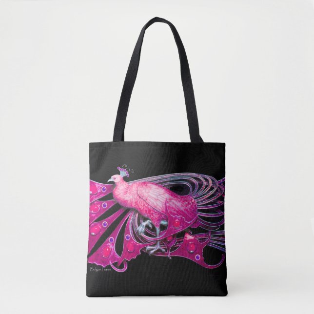 ELEGANT PEACOCK IN PINK,FUCHSIA ,BLACK TOTE BAG (Front)