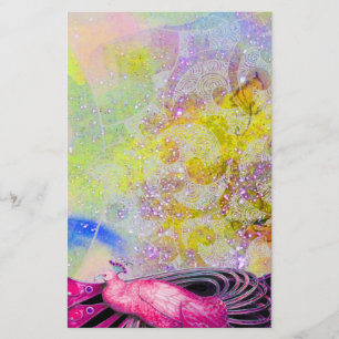 ELEGANT PEACOCK IN PINK,SPARKLING YELLOW PURPLE STATIONERY