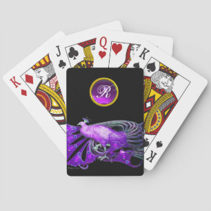 ELEGANT PEACOCK IN PURPLE, AMETHYST MONOGRAM PLAYING CARDS