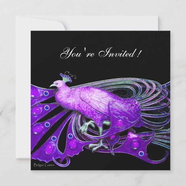 ELEGANT PEACOCK IN PURPLE ,BLACK WEDDING PARTY INVITATION (Front)