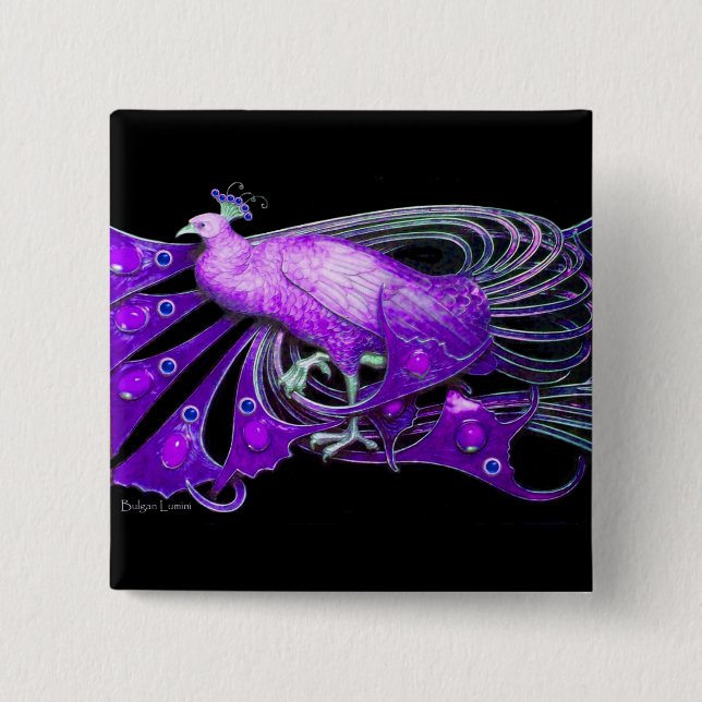 ELEGANT PEACOCK IN PURPLE VIOLET,BLACK 2 INCH SQUARE BUTTON (Front)