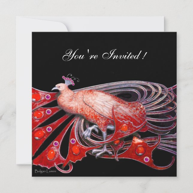 ELEGANT PEACOCK IN RED AND BLACK INVITATION (Front)