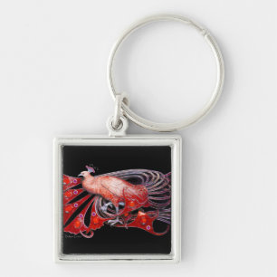 ELEGANT PEACOCK IN RED AND BLACK KEYCHAIN