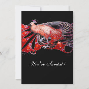 ELEGANT PEACOCK IN RED AND BLACK WEDDING PARTY INVITATION