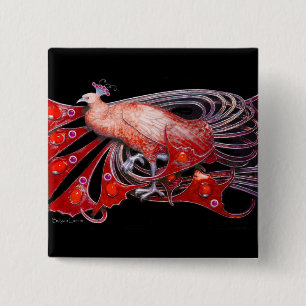 ELEGANT PEACOCK IN RED,BLACK 2 INCH SQUARE BUTTON