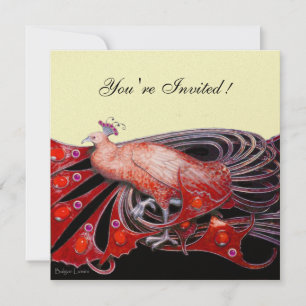 ELEGANT PEACOCK IN RED  BLACK AND GOLD Metallic Invitation