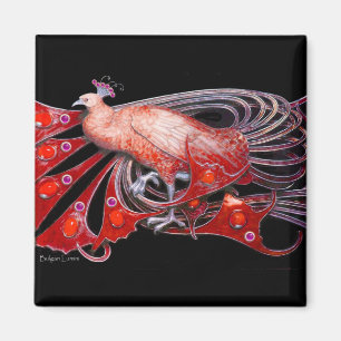 ELEGANT PEACOCK IN RED,BLACK MAGNET