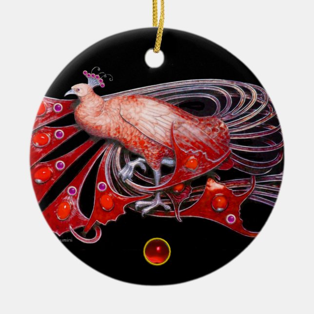 ELEGANT PEACOCK IN RED RUBY CERAMIC ORNAMENT (Front)