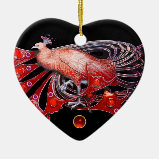 ELEGANT PEACOCK IN RED RUBY HEART CERAMIC ORNAMENT (Front)