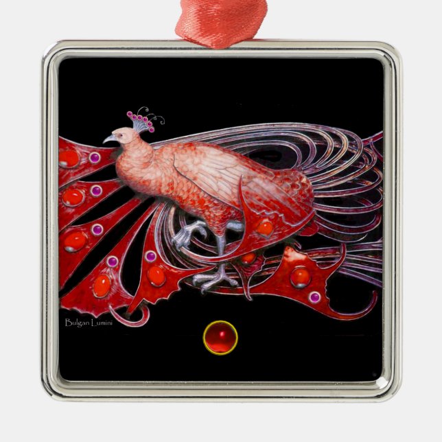 ELEGANT PEACOCK IN RED RUBY METAL ORNAMENT (Front)
