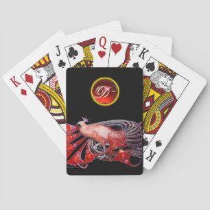ELEGANT PEACOCK IN RED RUBY MONOGRAM PLAYING CARDS