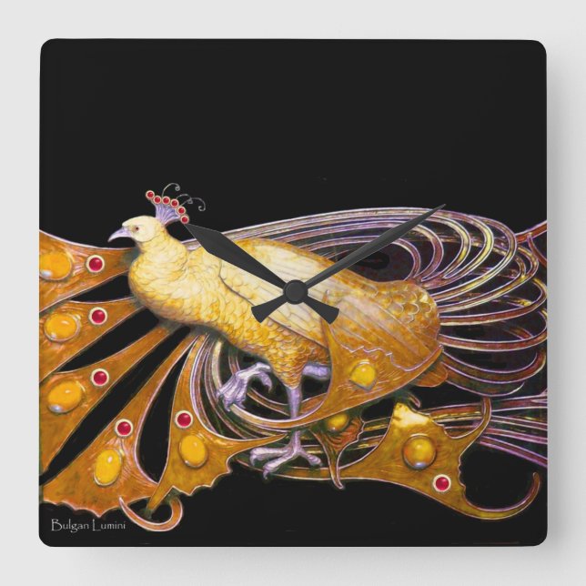 ELEGANT PEACOCK IN YELLOW AND BLACK SQUARE WALL CLOCK (Front)
