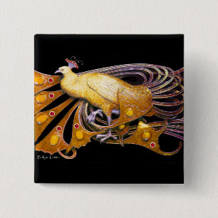 ELEGANT PEACOCK IN YELLOW,BLACK 2 INCH SQUARE BUTTON