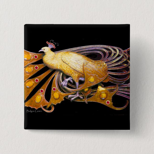 ELEGANT PEACOCK IN YELLOW,BLACK 2 INCH SQUARE BUTTON (Front)