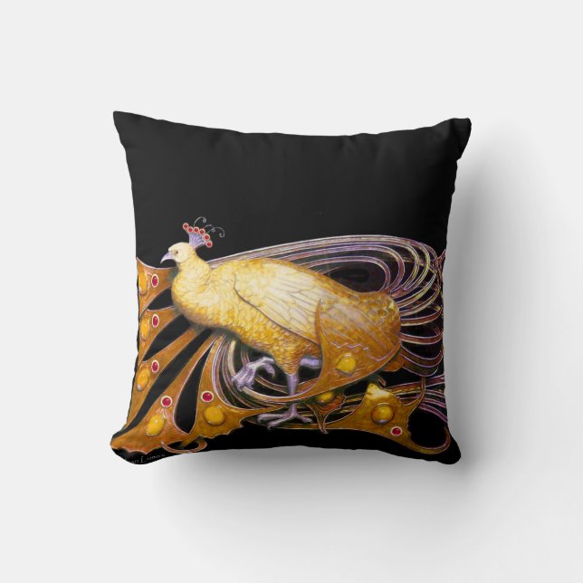 ELEGANT PEACOCK IN YELLOW BLACK THROW PILLOW (Front)